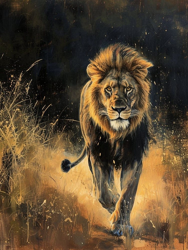 African Lion Night Hunt Acrylic Painting 2