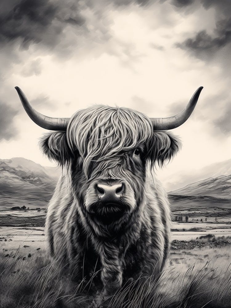 Stormy Black & White Illustration Of Highland Cow