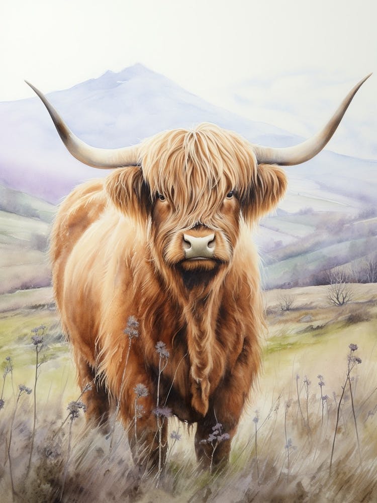Foggy Highland Watercolour Cow 2