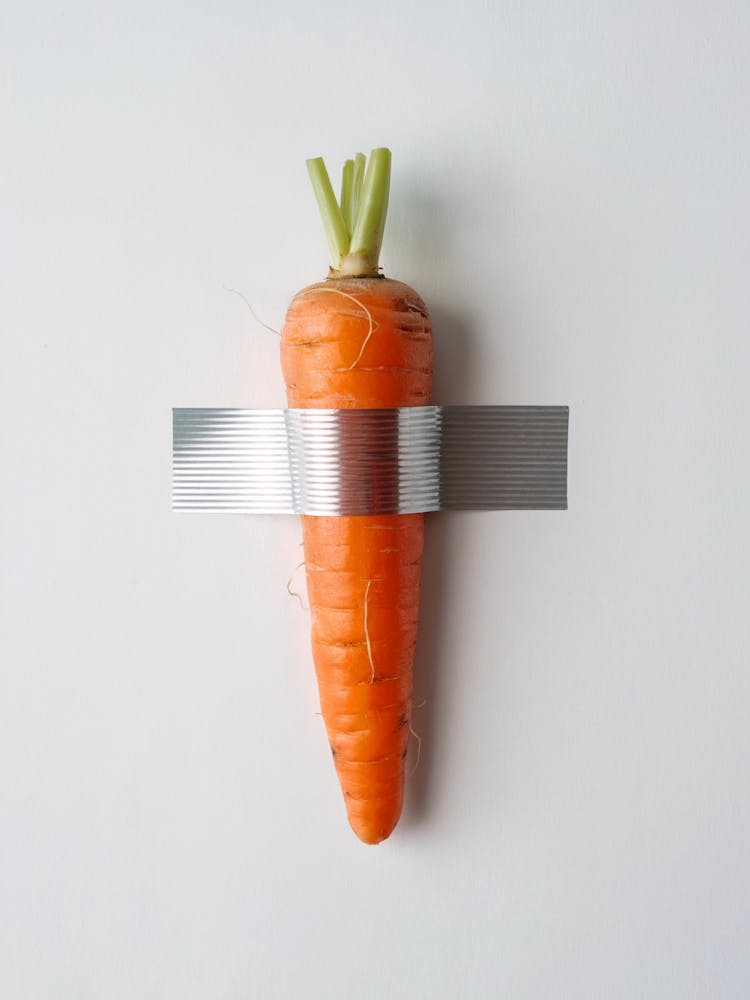 Duct Tape Carrot, white background, Maurizio Cattelan Style