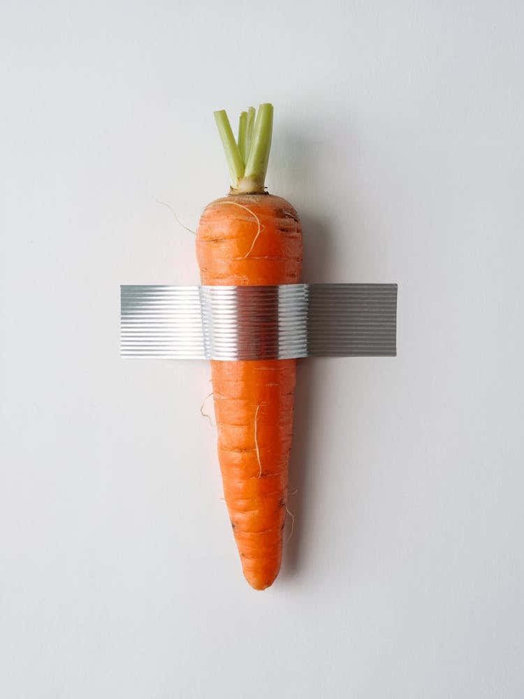 Duct Tape Carrot, white background, Maurizio Cattelan Style