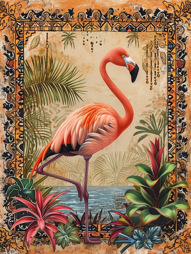 Grand Flamant Rose et Bromélias Impression Bohème 2