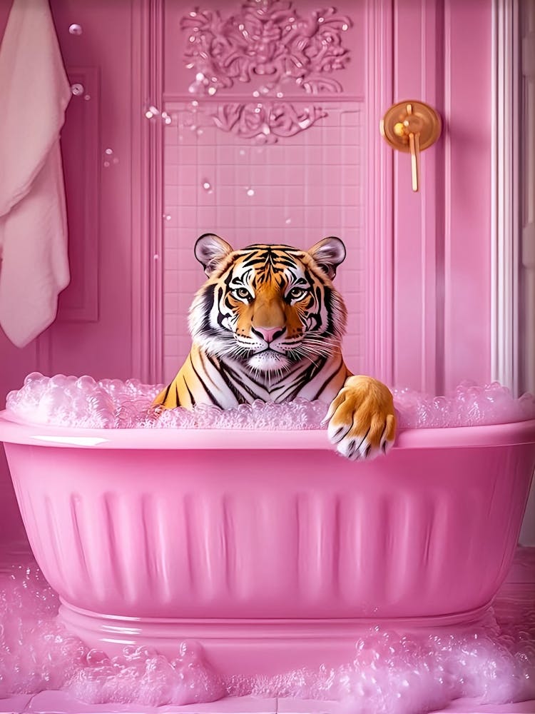 Dopamine Tiger In Bathtub Print Pink Funny Poster, Maximalist Wall Art Pink Preppy Wall Art Trendy Girly Wall Art Tropical Bathroom Wall Art