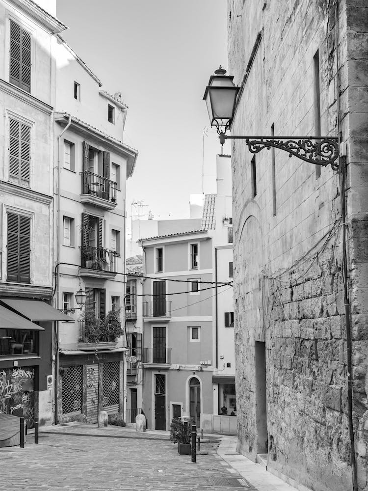 Palma de Mallorca Street in the old town black and white