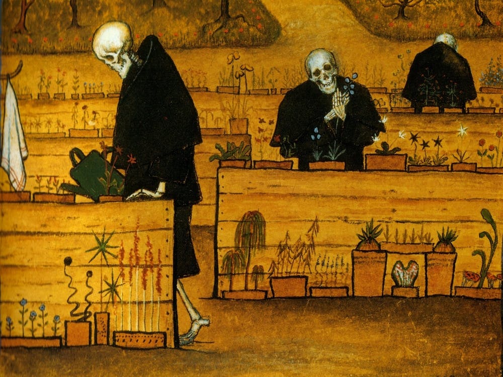 Garden of Death 1896 by Hugo Simberg - Finnish Surrealist Painter, Gothic Symbolic Skulls Skeletons Watering Flowers in the Resting Place Between Life and Death