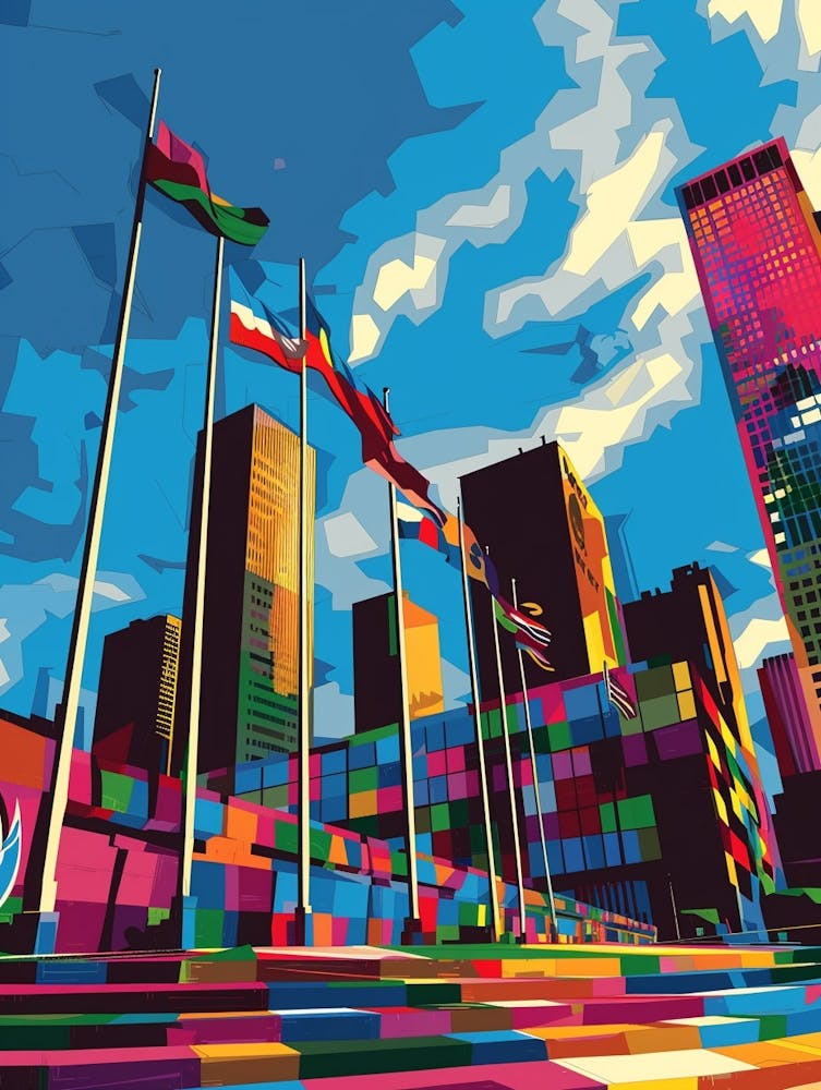 The United Nations Headquarters New York Colourful Silkscreen Illustration 1