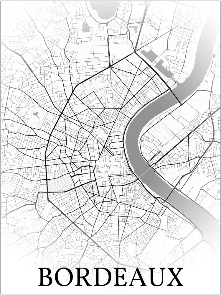 Bordeaux, Gironde, France, City Map, Black And White Fade Design