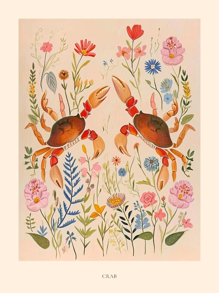 Folksy Floral Animal Drawing Crab Poster