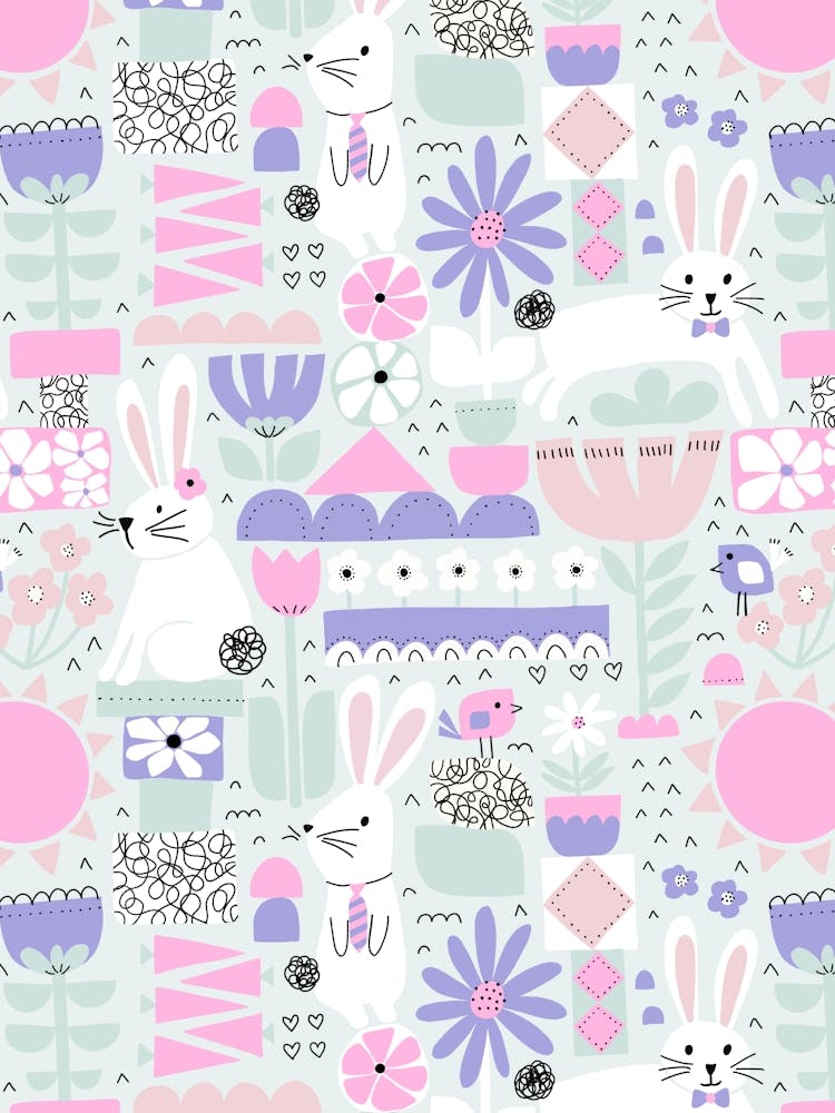 Cute Easter Bunnies and Birds Cut Out Collage Mint Green, Purple, Pink Kids