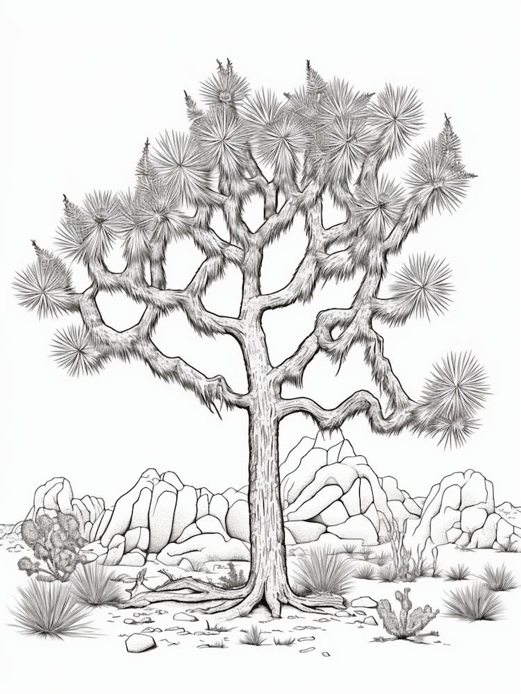 Detailed Drawing Of A Joshua Tree In The Style Of Jam 4
