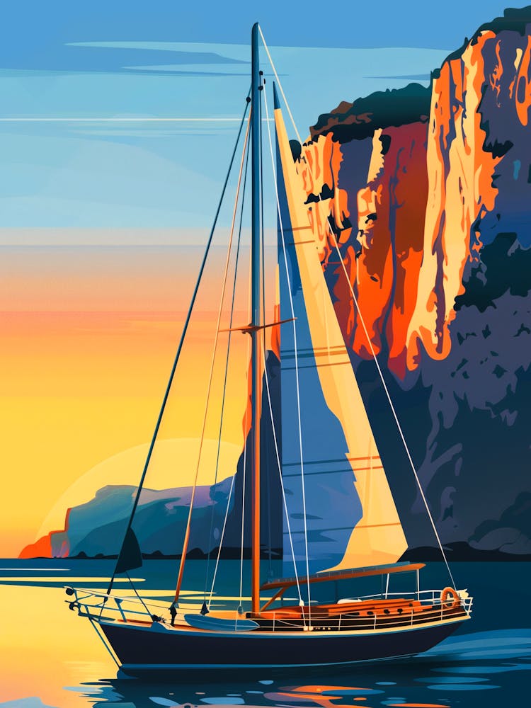 Sailboat Sunset Wall Art Nautical Seascape Print With Vibrant Ocean & Cliff Views