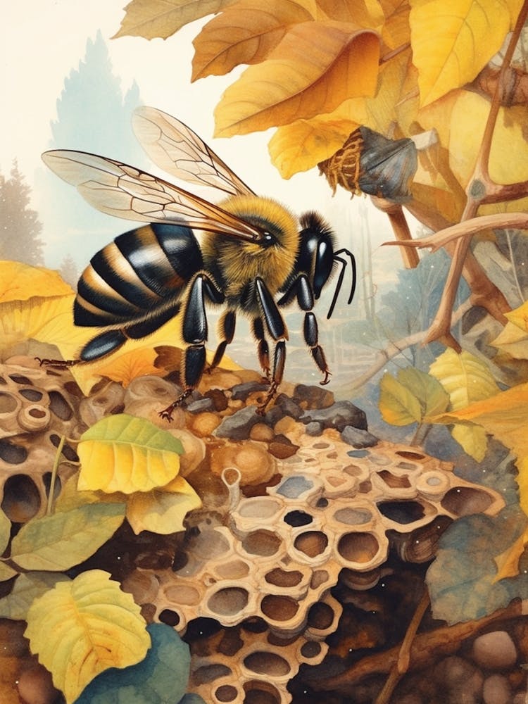 Half Black Leafcutter Bee Beehive Watercolour Illustration 1