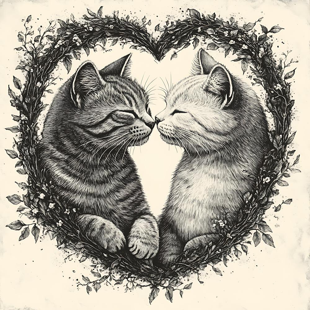 Delicate Ink Drawing of Cats Love Heart 7