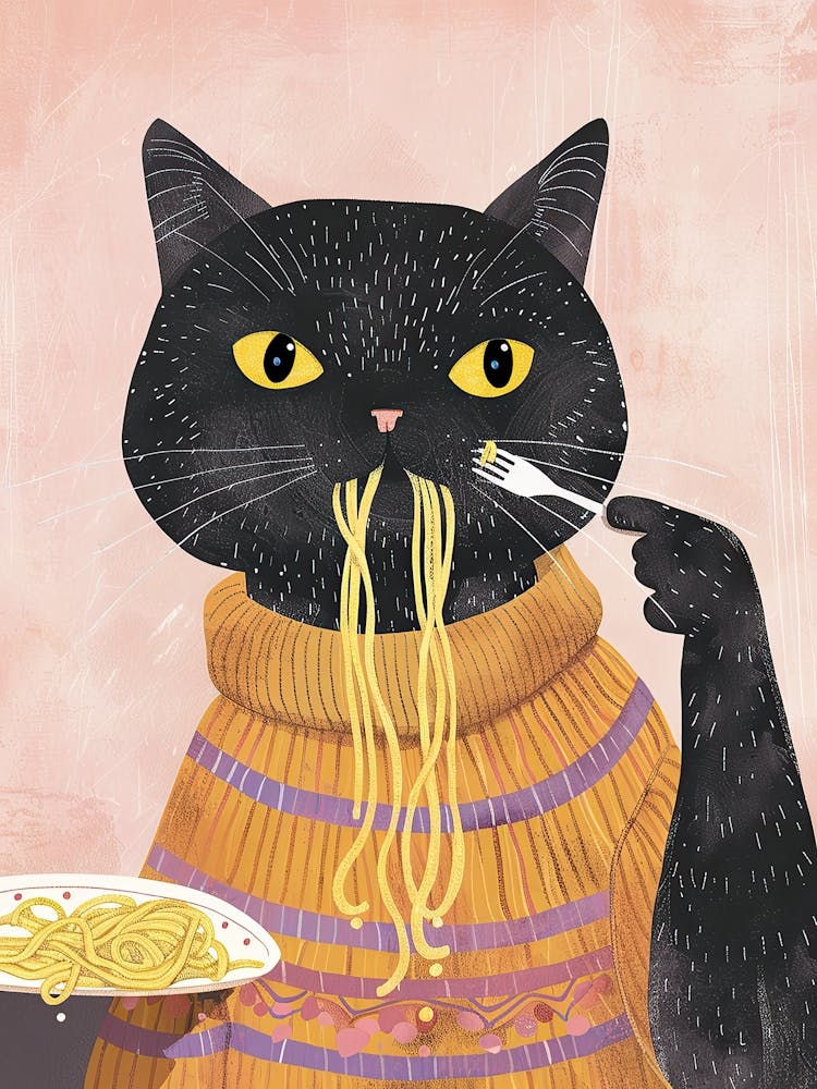 Cute Black Cat Eating Pasta Folk Illustration 4
