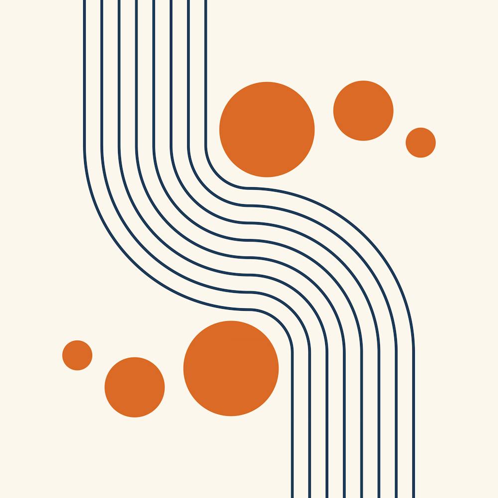 Modern Mid Century Sun and Rainbow Abstract 14 in Navy Blue and Burnt Orange