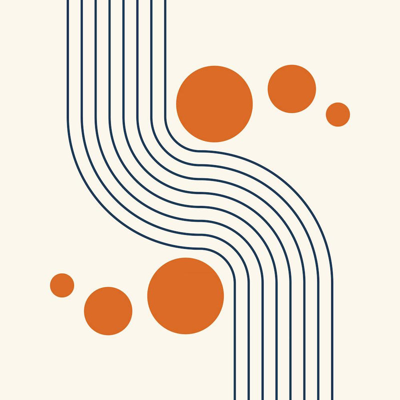 Modern Mid Century Sun and Rainbow Abstract 14 in Navy Blue and Burnt Orange