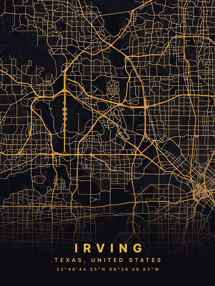 Irving Texas United States Black And Gold Map