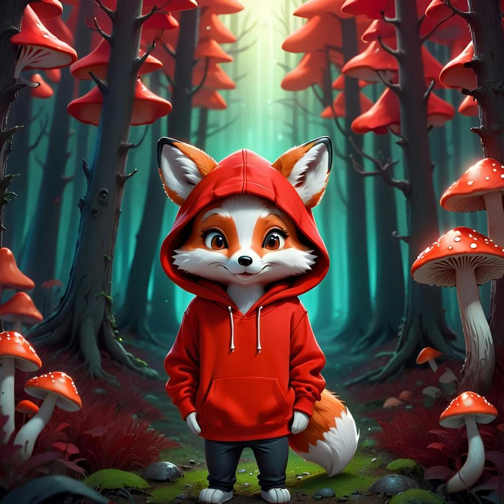 Cartoon Fox in a Mushroom Forest