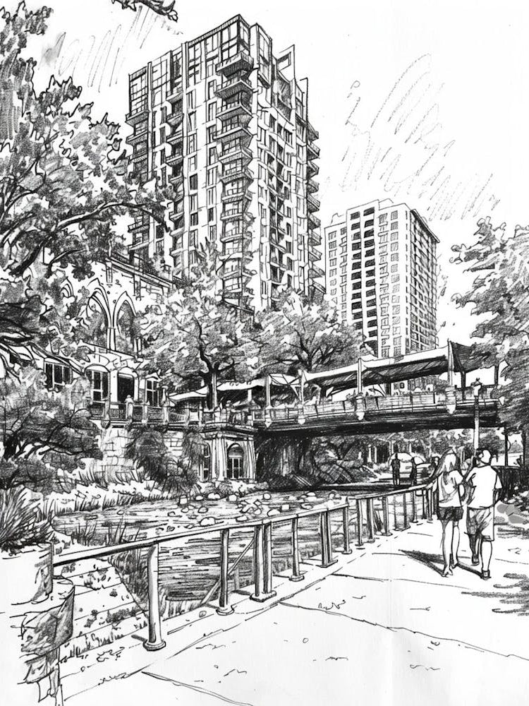 Red River Cultural District Austin Texas Black And White Drawing 2