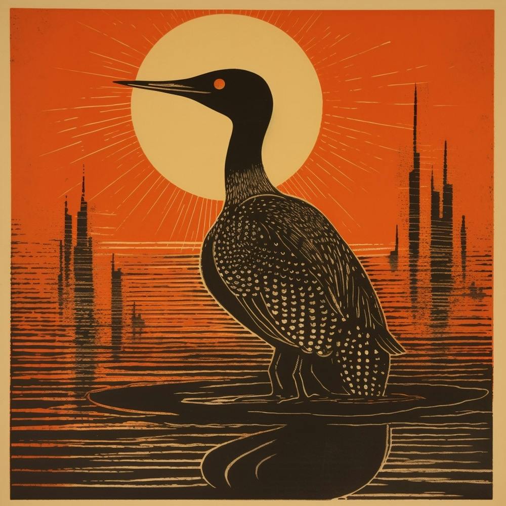 Retro Bird Lithograph Common Loon 1
