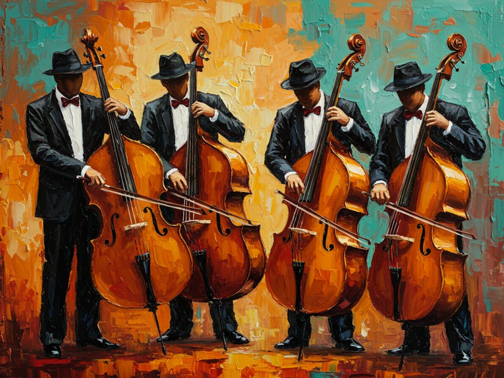An impressionistic painting of jazz musicians playing double bass instruments arranged in a dynamic composition