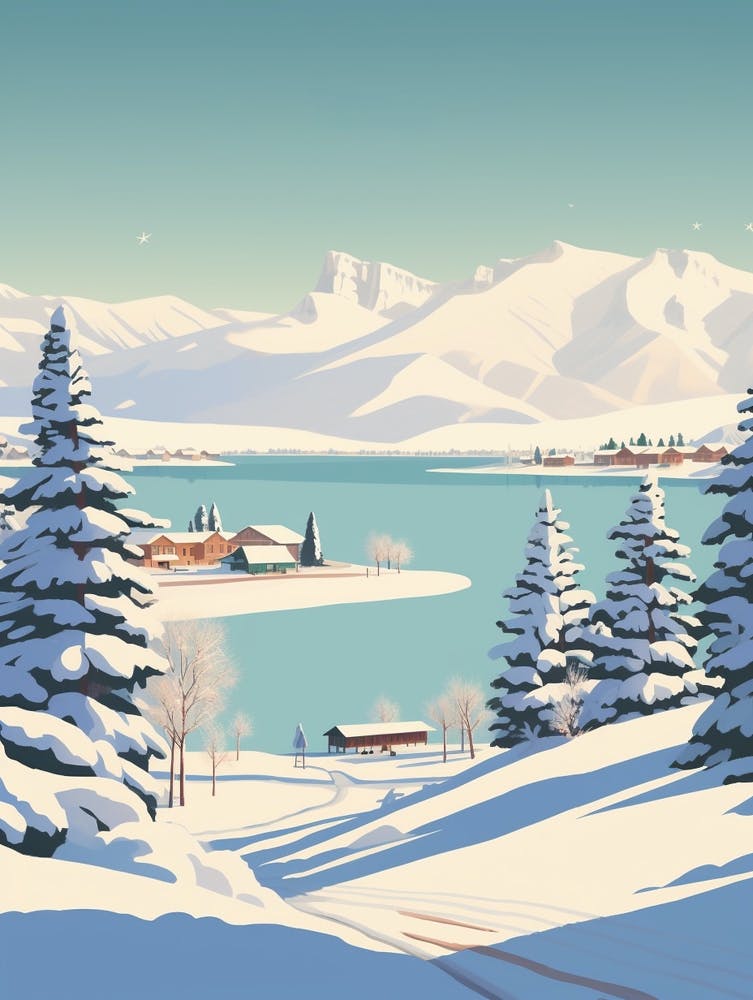 Vintage Winter Travel Illustration Lake Tahoe Usa 2