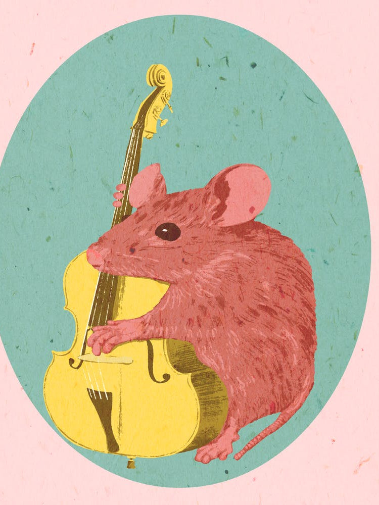 Jazzy mouse, double bass, music, illustration, wall art