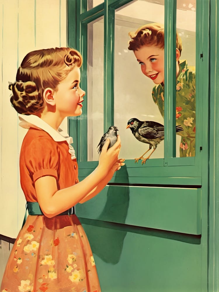 Vintage Retro Kids With Bird Illustration Kitsch 3