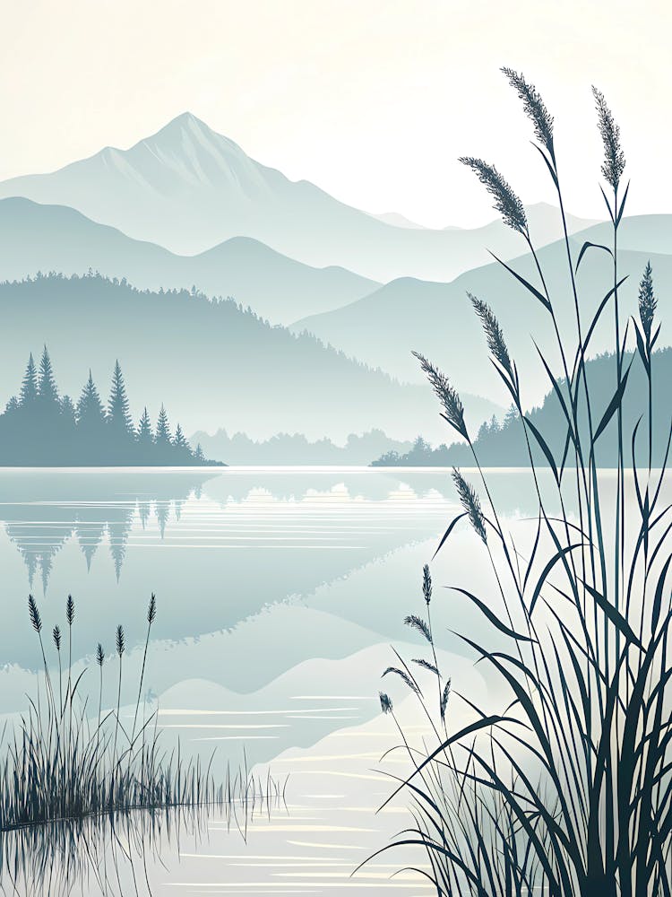 Minimalist Ink Sketch Of A Serene Lake With Moun