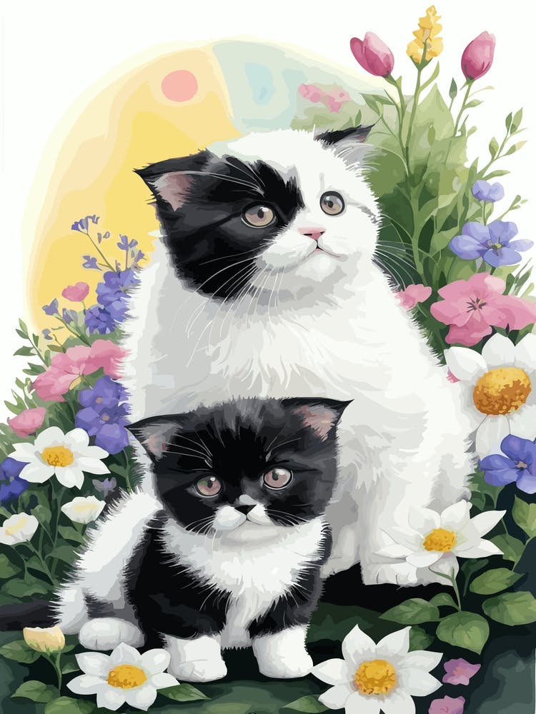 Cute Kitten And Flowers Watercolor 1