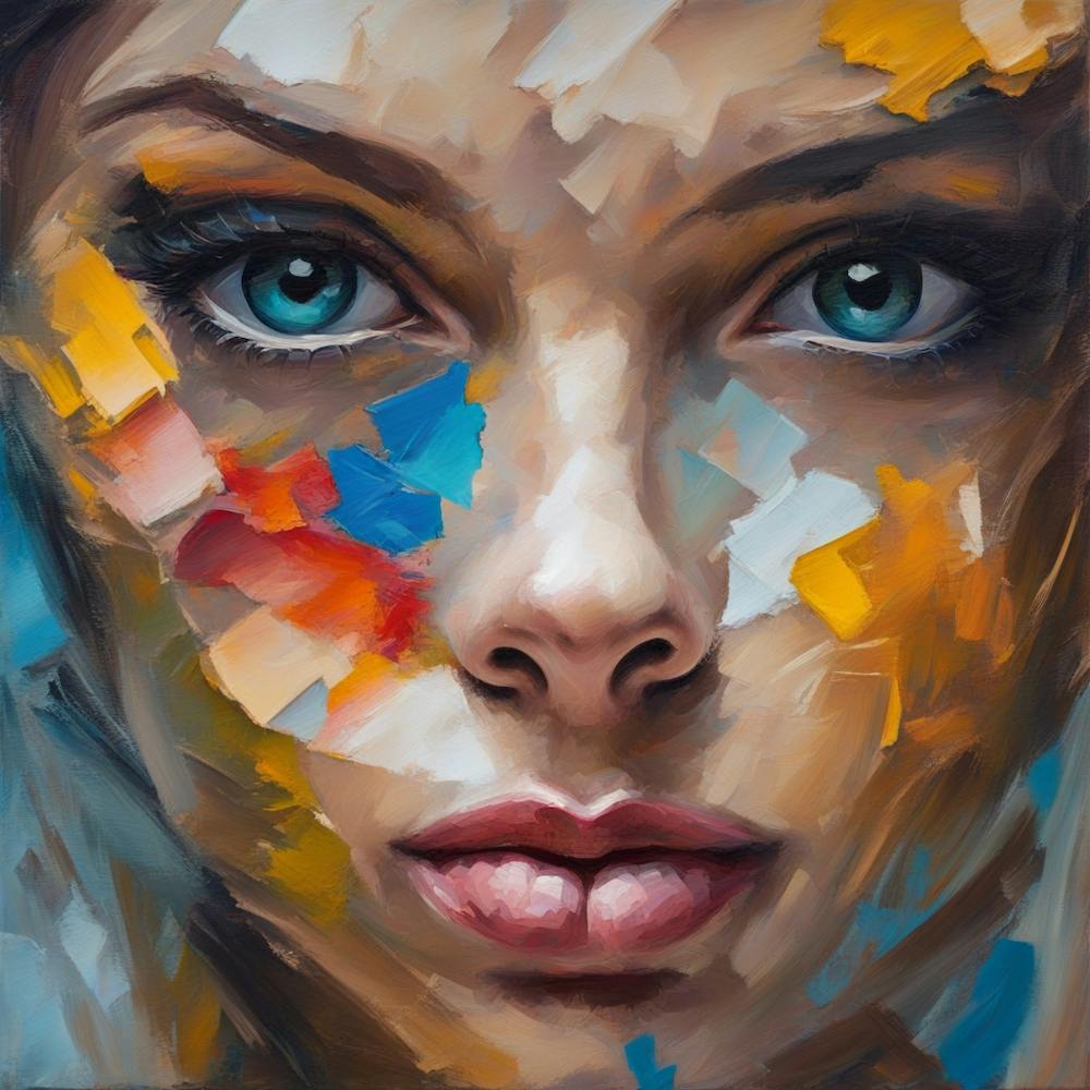 Oil portrait painting in multicolored tones. Abstract picture of a beautiful girl. Conceptual closeup of an oil painting and palette knife on canvas