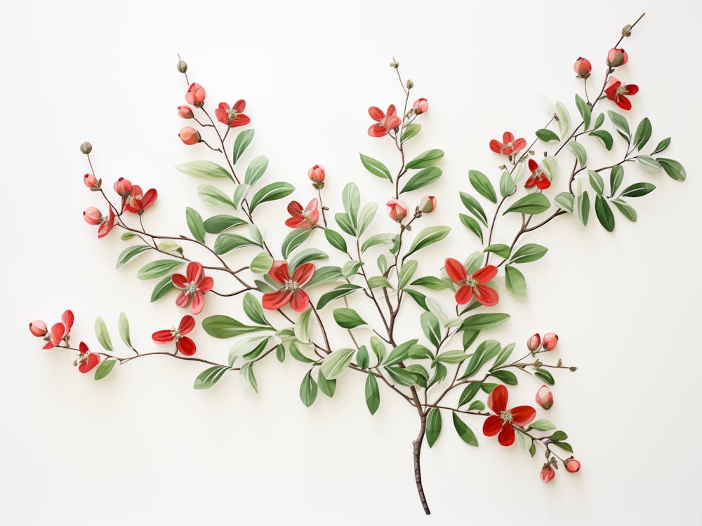 Spring floral minimalistic art print. Living Room Art print in Green and red colors