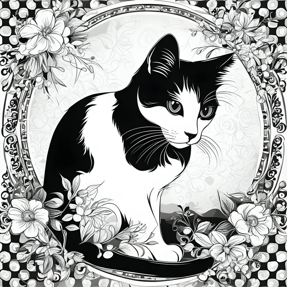 Black And White Cat With Flowers