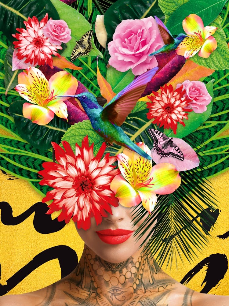Mère Nature Avec Colibris Fleurs Et Tatouage En Or, Jaune, Portrait de Femme, Tropical, Floral