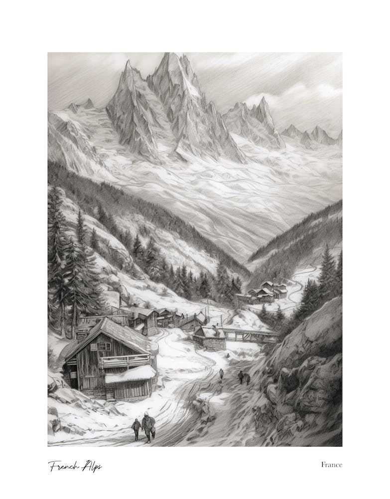 French Alps France Pencil Sketch 7 Watercolour Travel Poster
