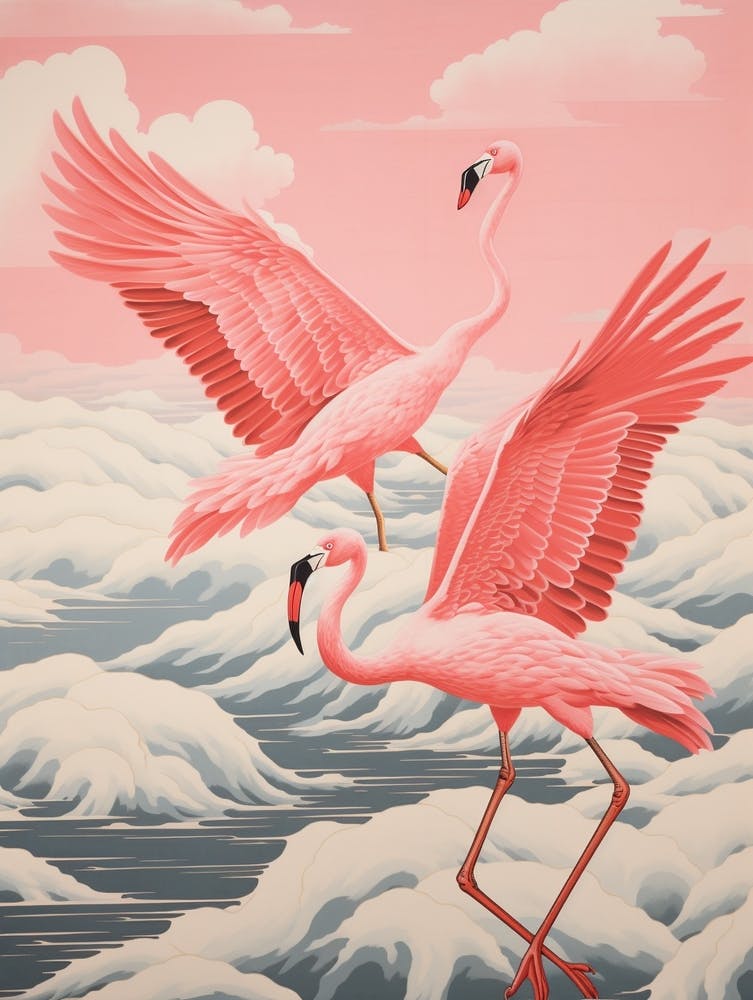Vintage Japanese Inspired Bird Print Greater Flamingo 1