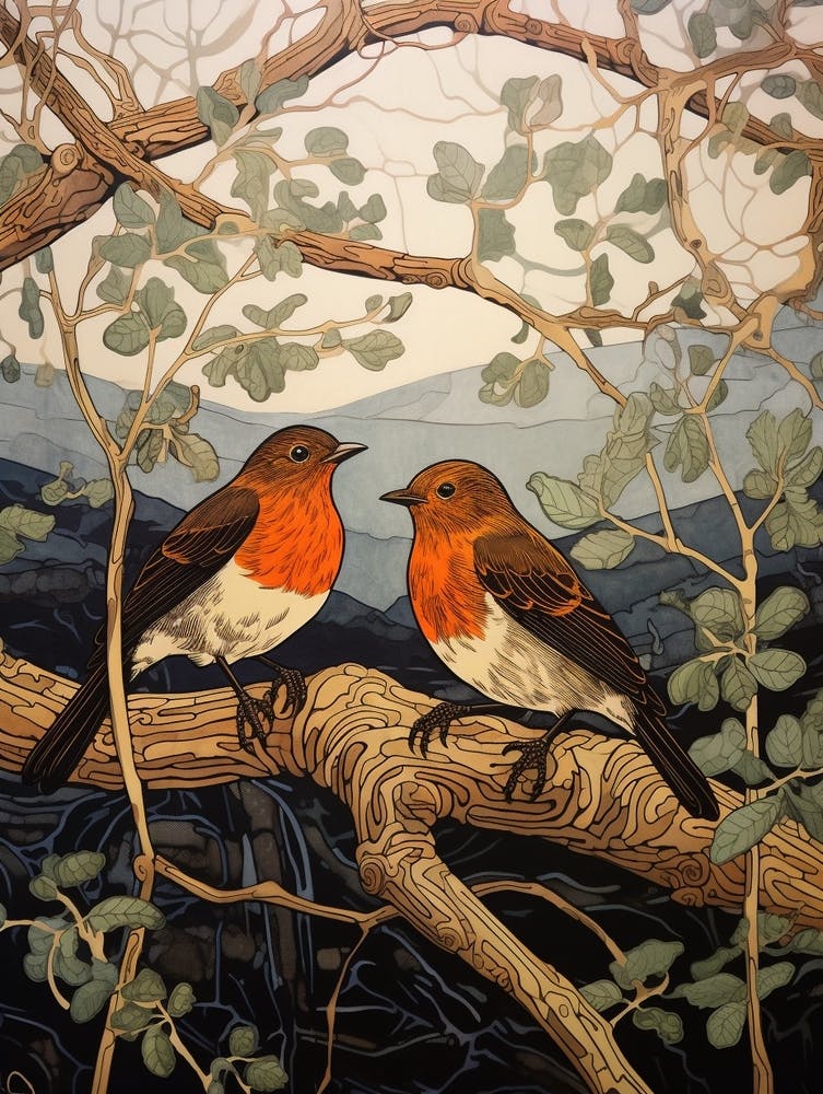 Affiche Oiseaux Art Nouveau Rouge-gorge Européen 3