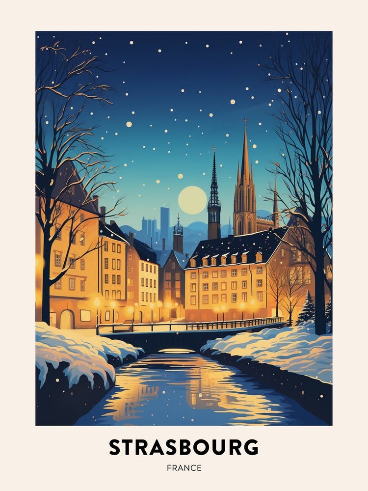 Winter Night  Travel Poster Strasbourg France 2