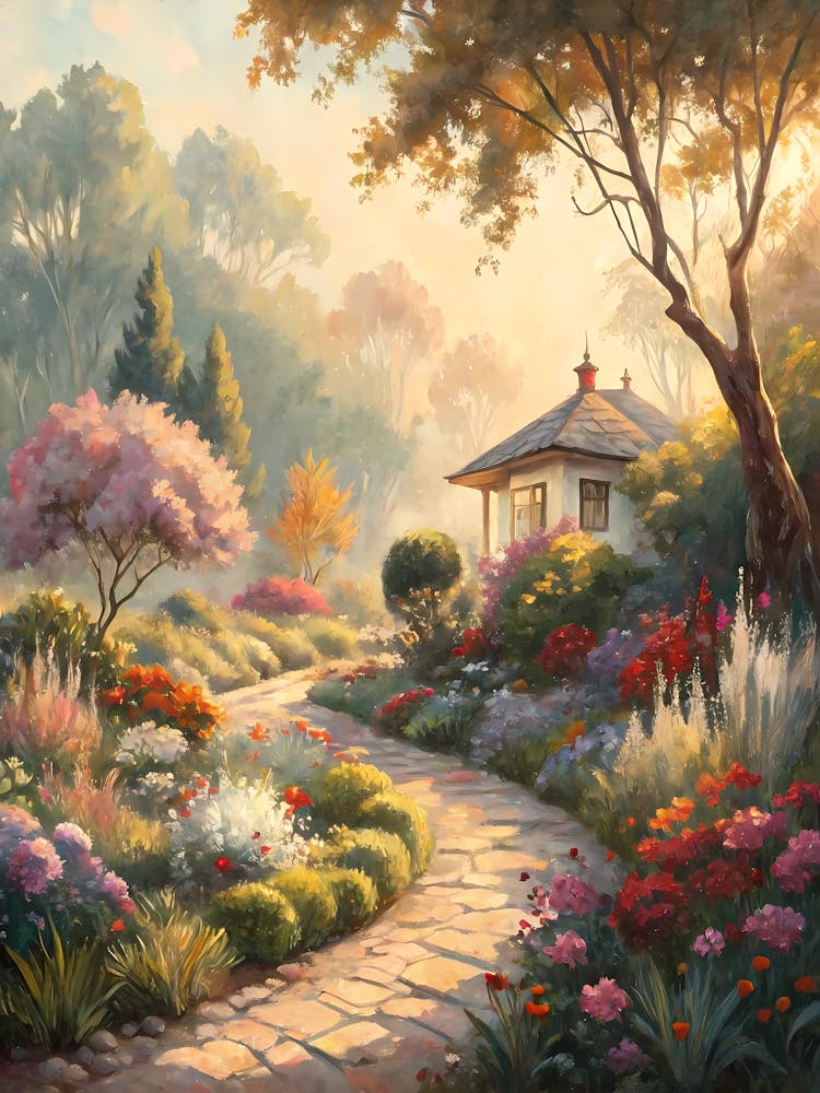 Oil Painting Style Enchanted Garden Path Rustic Cottage & Spring Blooms