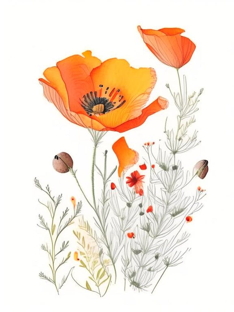 California Poppy Spices And Herbs Pencil Illustration 2