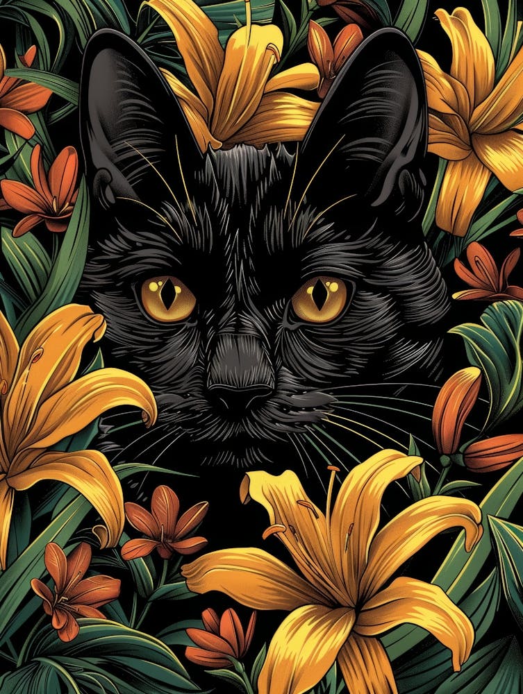 Black Cat With Yellow Lilies 1