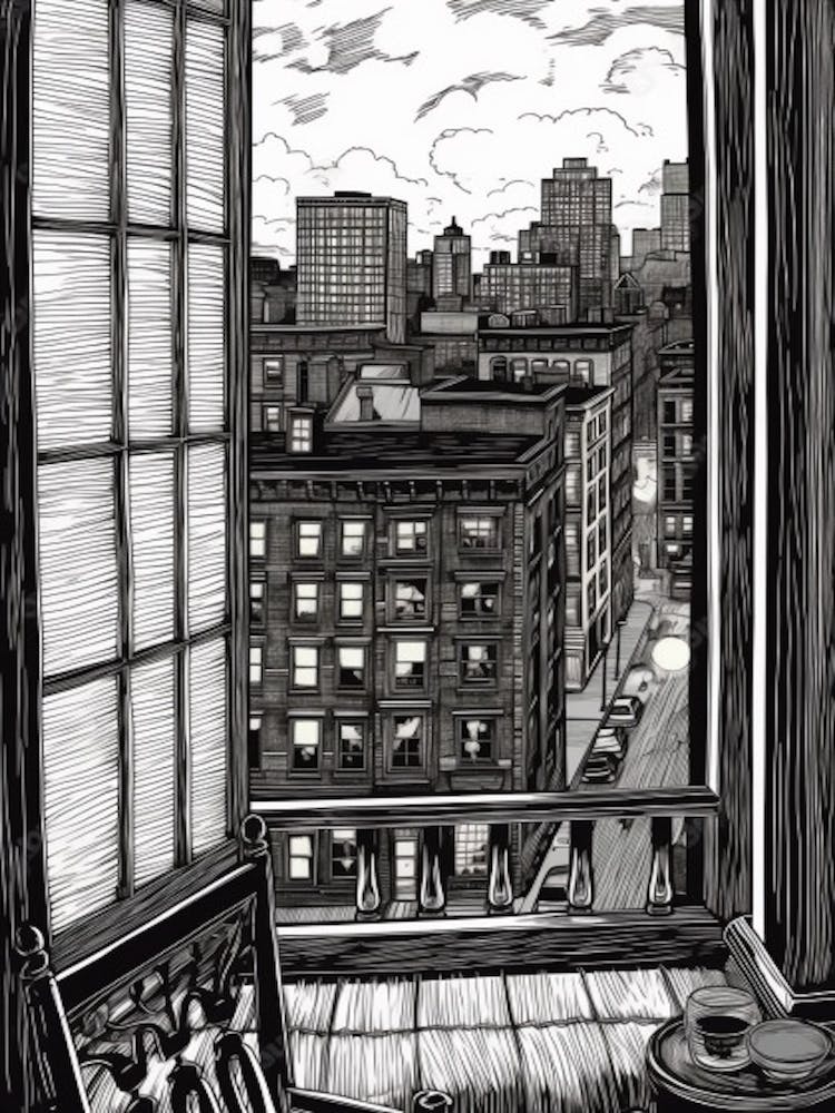 A Window View Of New York In The Style Of Black And White  Line Art 1