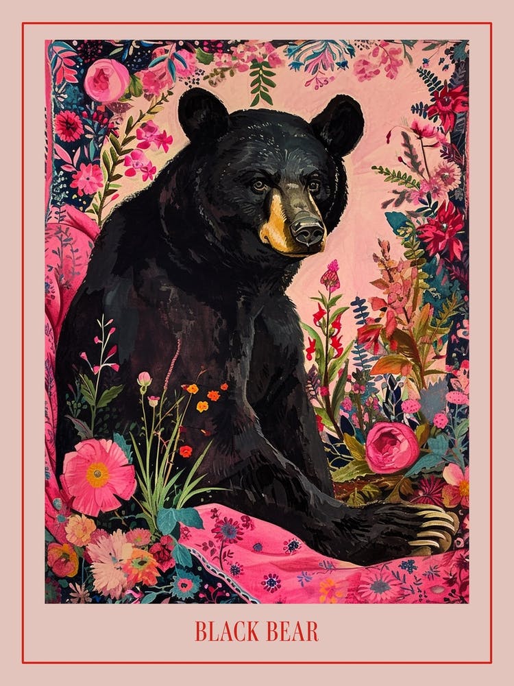Floral Animal Painting Black Bear 4 Poster