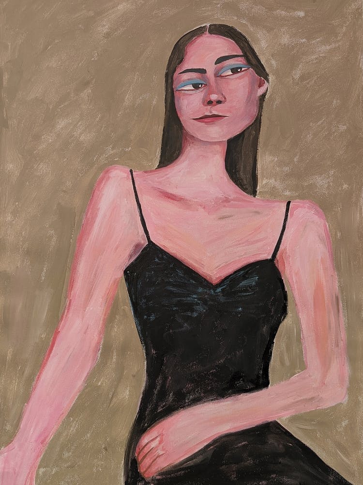 A woman in a black dress on a beige background