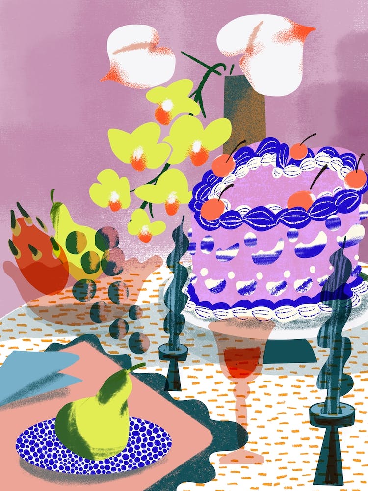 Heart Cake And Orchid Flowers Dining Table Food Still Life