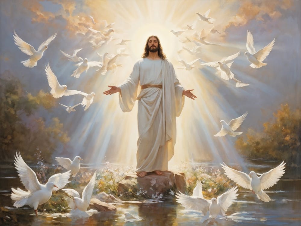 An Artistic Rendering Of A Serene Sunday Morning A Figure Symbolic Of Jesus Christ In A Posture Of (5)