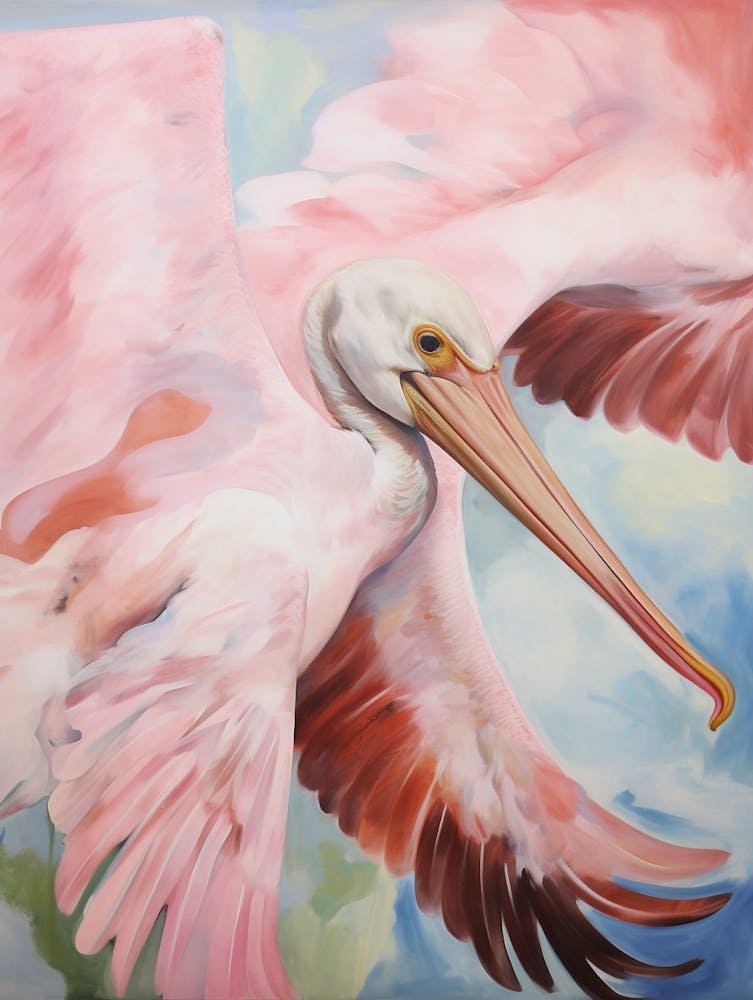 Pink Ethereal Bird Painting Brown Pelican