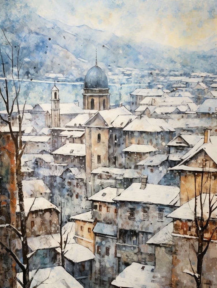 Vintage Winter Painting Salzburg Austria 1