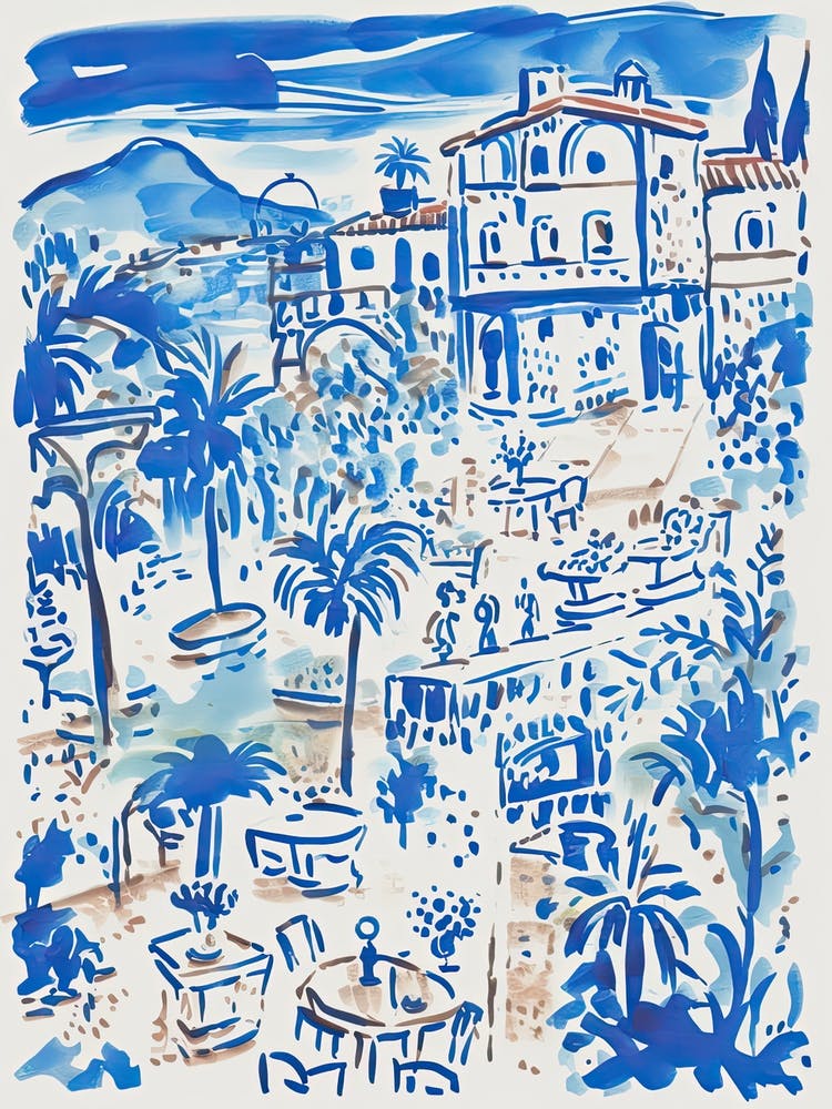 Italy, Amalfi Coast Cute Illustration In Blue 1