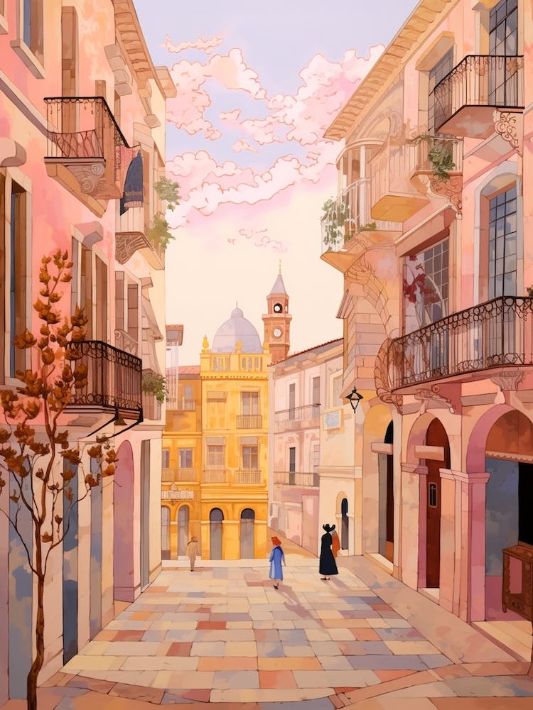 Valencia Spain 2 Vintage Pink Travel Illustration
